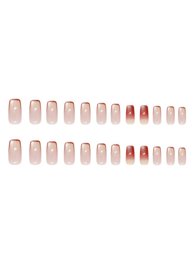 YoYoee 24Pes Short French Press on Nails - Square Fake Nails Nude Gradient False Nails Full Cover Cat Eye Nails Tips for Women - Image 3
